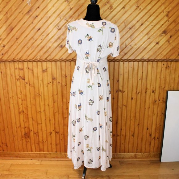 MJW Studio Maxi Shirt Dress Beige Floral Size 7/8 Short Sleeve Collared Half D98 - Picture 5 of 8